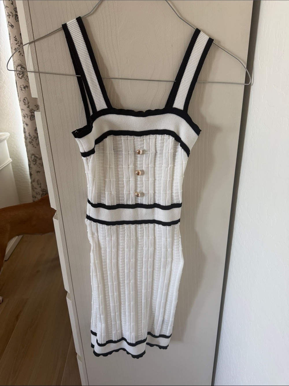 SHEIN White Knit Midi Dress with Black Contrast Trim